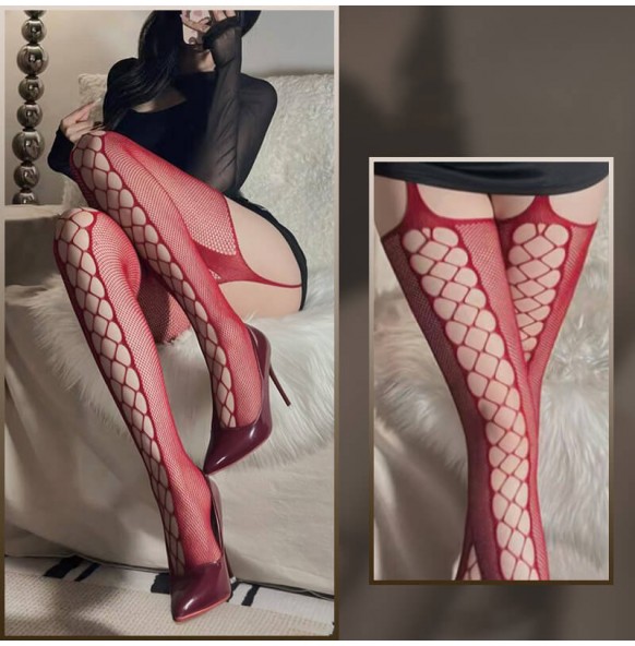 FEE ET MOI - Sexy Mesh Hollow Suspender Stockings (Burgundy) FEE ET MOI - Sexy Mesh Hollow Suspender Stockings (Burgundy)